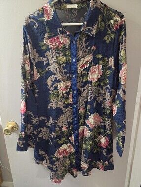 Oddy Versatile Navy Floral Button-Up Chic Bohemian Style Tunic. Sz 2XL